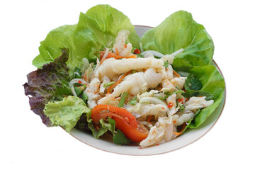 Spicy chicken feet salad  mixed vegetables on dish. Concept : Thai food cooking. Weird food. Healthy   menu, good for on diet or control weight. Best to eat along with beer.                