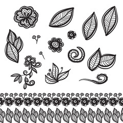 Vector set of embroidered lace design. Collection of openwork patterns with borders