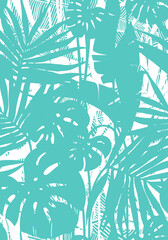 Seamless background with a monstera, banana leaf, and palm tree leaves. Pattern with tropical foliage. Vector illustration with exotic plants for the travel industry, label, beach collection. - 484868921