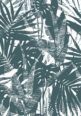 Seamless background with a monstera, banana leaf, and palm tree leaves. Illustration with tropical foliage. Graphic vector pattern with exotic plants for the travel industry, label, beach collection.