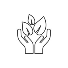 Fototapeta na wymiar Hand with plant icon in flat style. Flower sprout vector illustration on white isolated background. Environmental protection sign business concept.