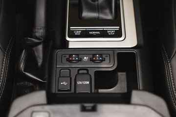 Detail of modern car interior, gear stick, automatic transmission in expensive car
