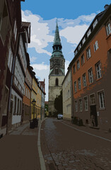 ヨーロッパの古い町に佇む重厚な石造り、レンガ造りの建物と石畳の道　イラスト風