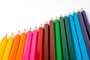 Colored pencils isolated on white background. close-up, copy space