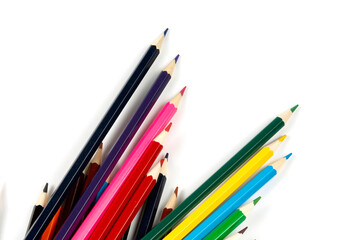 Colored pencils isolated on white background. close-up, copy space