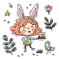 vector set of cute girl with bird and plants, and easter cake. Happy easter.