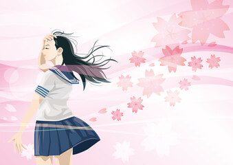 セーラー服を着た女子高生の後ろ姿（桜）