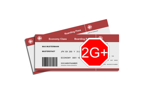 2 Flugtickets mit einem stopp Stempel w&auml;ren der corona Pandemie, Stempel 2g+, Flugticket 