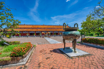 view of the Cuu Dinh in the Imperial City with the Purple Forbidden City within the Citadel in Hue,...