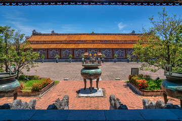 view of the Cuu Dinh in the Imperial City with the Purple Forbidden City within the Citadel in Hue,...