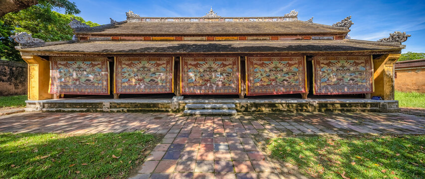 view of the Huu Tong Tu house in the Imperial City with the Purple Forbidden City within the Citadel in Hue, Vietnam. Imperial Royal Palace of Nguyen dynasty