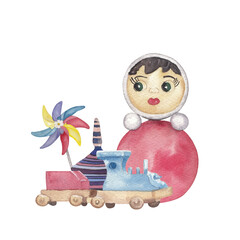 Cute watercolor toys composition. Nursery clipart Kids popular classic and wooden toys. train, doll, windmill. Baby shower, card making, scrapbooking, birthday diy projects.