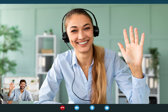 Happy female teacher wearing headphones while having video conference, waving and smiling to webcamera, screenshot - Powered by Adobe