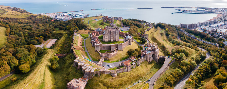 Aerial view of the Dover Castle. The most iconic of all English fortresses. English castle on top of the hill.