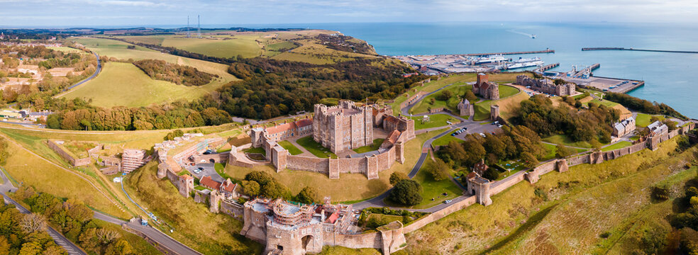 Aerial view of the Dover Castle. The most iconic of all English fortresses. English castle on top of the hill.