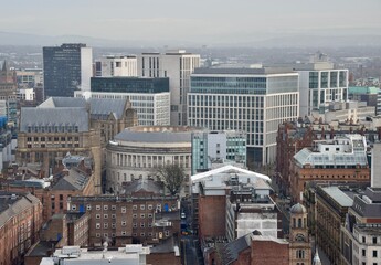 City view with modern buildings and landmarks. Taken in Manchester England. 