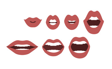 Set of illustrations open and closed lips of a woman with different expressions of emotions. Vector, flat design
