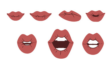 Set of illustrations open and closed lips of a woman with different expressions of emotions. Vector, flat design