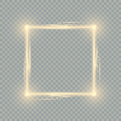 Golden frame with lights effects. Shining rectangle banner. Isolated on black transparent background.