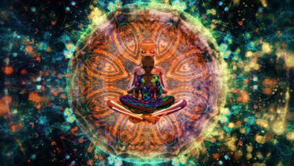 Obraz na płótnie Canvas Alien meditating on a colorful psychedelic background