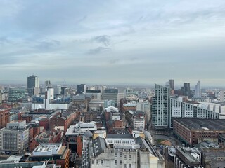 City view with modern buildings and landmarks. Taken in Manchester England. 