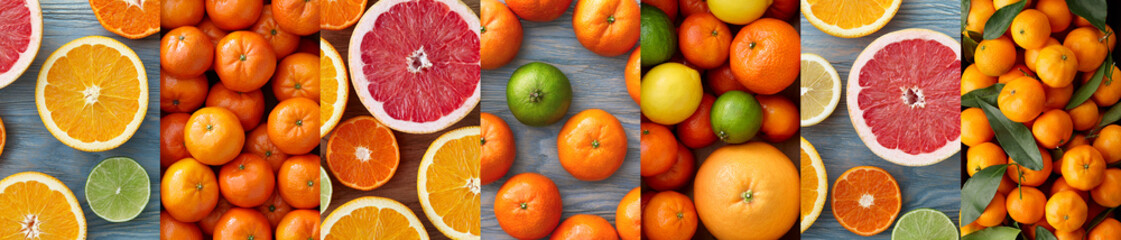 Collage with citrus fruits like lemons, oranges, grapefruits, lime and tangerines