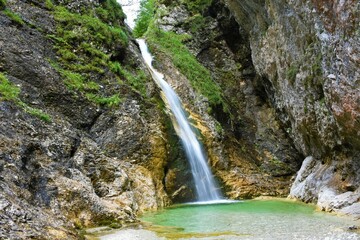 Zapotoski waterfall in Zadnja Trenta in Julian alps and Triglav national park, Slovenia