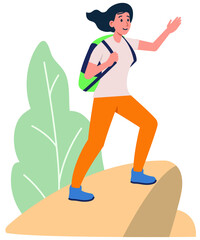 A woman is standing on top of a mountain with a backpack.