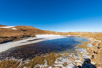 Lessinia Plateau Regional Natural Park in winter with a small frozen pond for cows and brown pastures, Passo delle Fittanze mountain pass, Erbezzo, Verona province, Veneto, Italy, Europe.