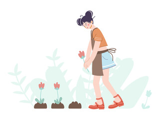 The girl plants flowers in the garden. A young woman works in a vegetable garden or a farm. Hand draw illustration in cartoon style. Gardening concept. Vector