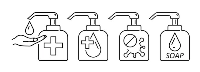 Gel to cleaning and disinfection virus, disinfectant solution. Set icons in flat style. - obrazy, fototapety, plakaty
