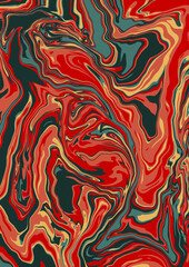 Fluid art texture. Abstract background with swirling paint effect.  Liquid acrylic picture that flows and splashes. Mixed paints for interior poster. Red, pink and blue iridescent colors.