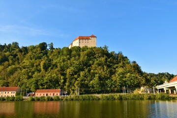 Naklejka na ściany i meble View of Rajhenburg castle on a hill above Sava river near Krško in Dolenjska, Slovenia