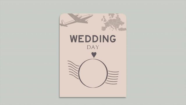 Wedding Day with vintage passport with map and airplane, motion holidays, romantic and wedding style background