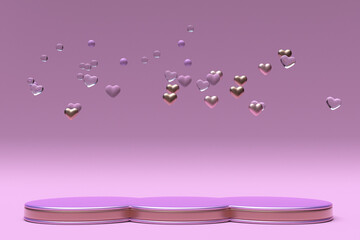 3D abstract St Valentine day composition with three round pink podiums with flying hearts. Romantic love background template for sales promotion. Creative minimal scene for 14 February