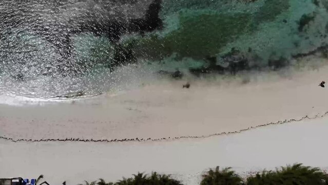 Aerial footage of the beautiful tropical beach at Little Stirrup Cay Bahamas, is one of the Berry Islands in Nassau showing the sandy beach and a male man walking across the beach.