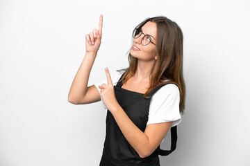 Young caucasian restaurant waiter woman isolated on white background pointing with the index finger a great idea