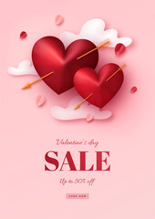 Happy valentine's day sale banner, poster or flyer with realistic hearts. Vector illustration
