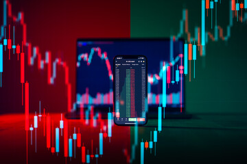 Cryptocurrency market, green and red candles pointing to buy or sell. Make or lose money. The...
