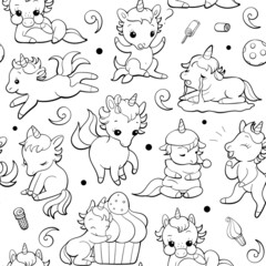 Seamless vector pattern with cute unicorns on white background. Perfect for textile, wallpaper or print design. Design for coloring book.