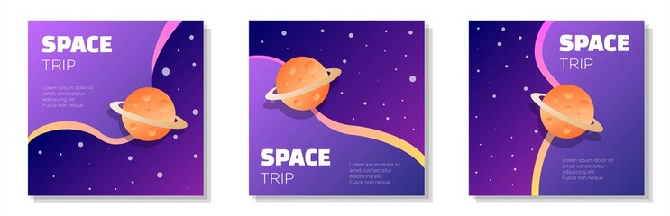 Space trip social media post, square banner set, futuristic cosmic travel advertisement concept, planetary trip marketing ad, abstract print, isolated on background