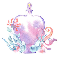 Watercolor magic heart-shaped bottle with crystals and floral elements. Glass perfume flask, elixir or poison. Valentine's Day design.