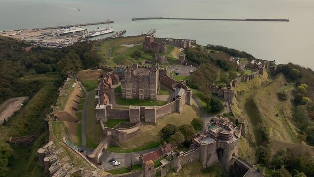 Aerial view of the Dover Castle. The most iconic of all English fortresses. English castle on top of the hill.