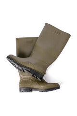 Green rubber boots on a white isolated background.
