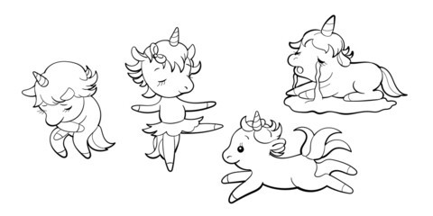 Fototapeta premium Set of cute unicorns in kawaii style. Cartoon pony sticker design. Vector emoji.