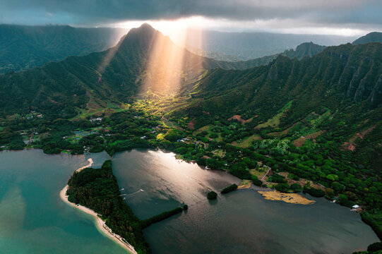 Last lights gleaming over mountains in Hawaii