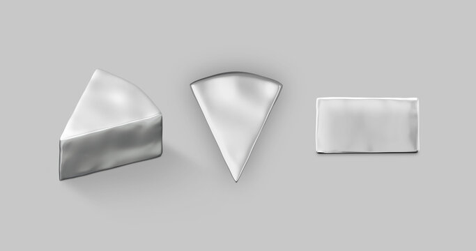 Cheese in a metallic wrapper. Triangular package. Illustration isolated. MockUp template ready for your design. High quality and realistic 3D illustration.