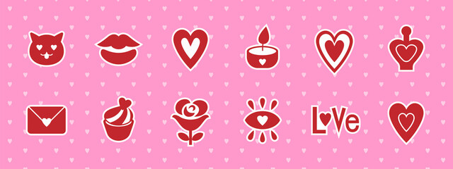 Red Valentine icon set. Love and romance attribute stickers.