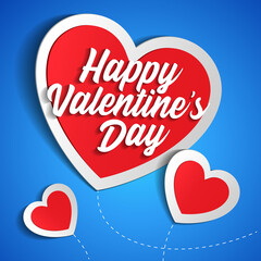 Valentine's Day Banner, Paper Sticker Heart Background. Red, White, Blue. Postcard, Love Message or Greeting Card. Place For Text. Template, Illustration Ready For Your Design. Vector EPS10
