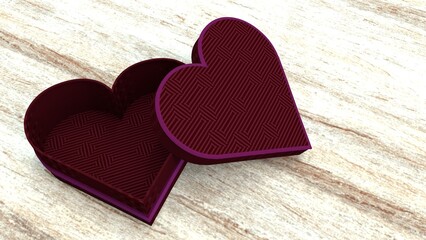 An empty red heart-shaped gift box on the wooden floor. Jewelry box with lid. 3D image.
